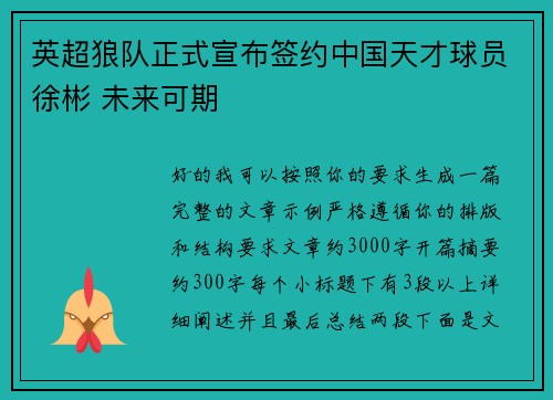 英超狼队正式宣布签约中国天才球员徐彬 未来可期