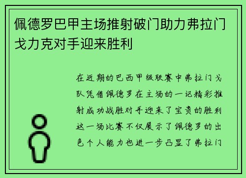 佩德罗巴甲主场推射破门助力弗拉门戈力克对手迎来胜利 佩德罗巴甲主场推射破门助力弗拉门戈力克对手迎来胜利