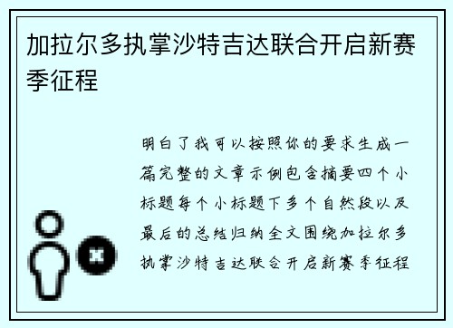 加拉尔多执掌沙特吉达联合开启新赛季征程 加拉尔多执掌沙特吉达联合开启新赛季征程